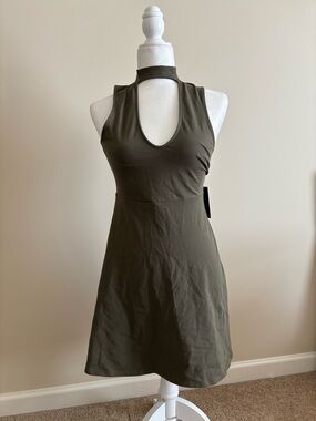 Express Olive Green One-Shoulder Choker A-Line Dress